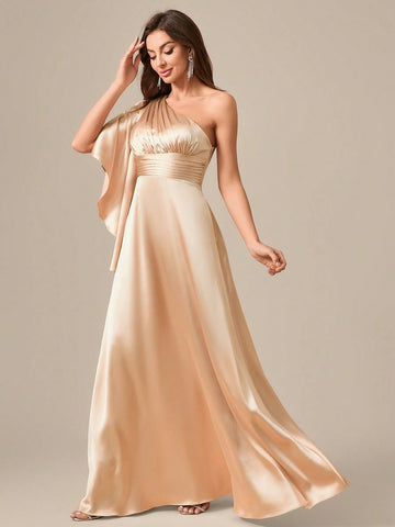 Asymmetrical Neckline Flared Hem Slit Sleeves Long Silk Satin Formal Dress
