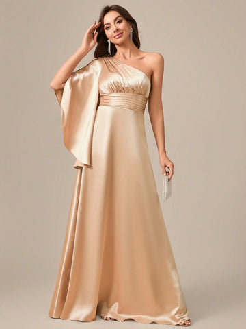 Asymmetrical Neckline Flared Hem Slit Sleeves Long Silk Satin Formal Dress