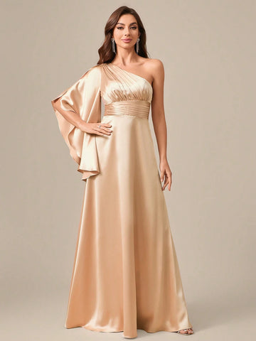 Asymmetrical Neckline Flared Hem Slit Sleeves Long Silk Satin Formal Dress