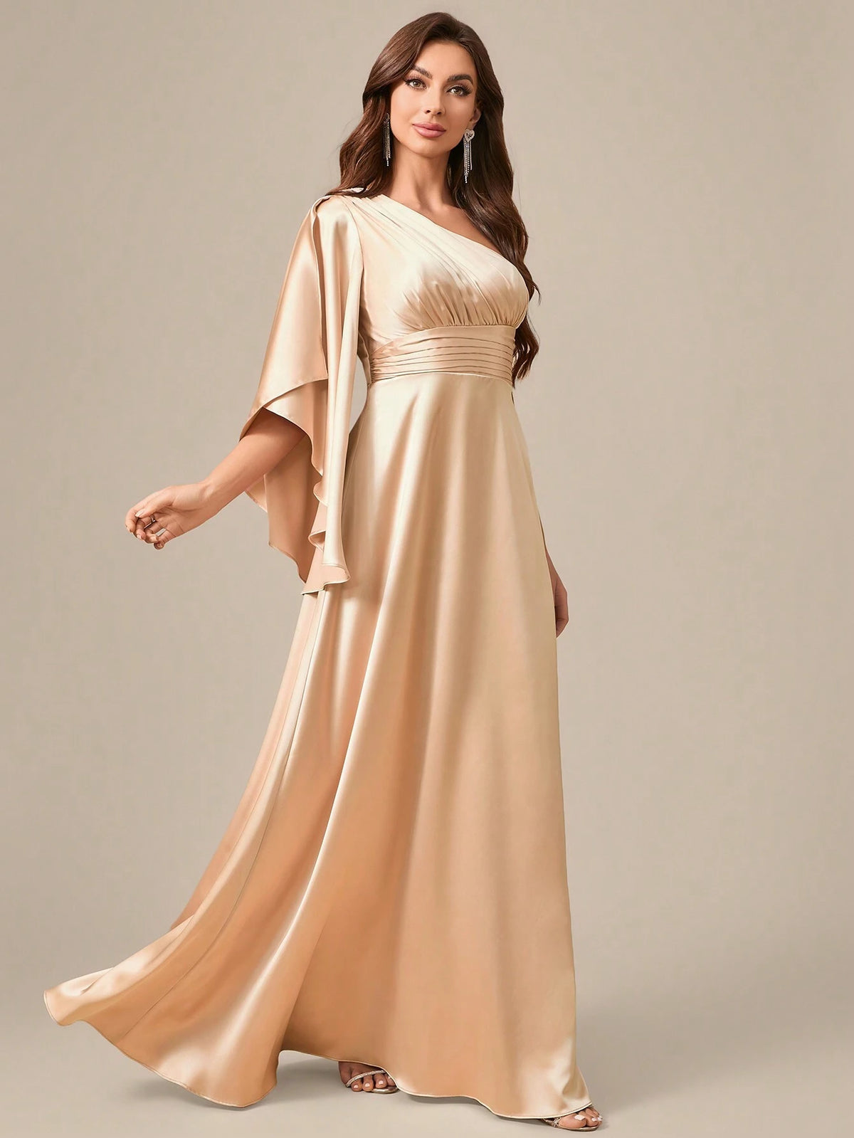 Asymmetrical Neckline Flared Hem Slit Sleeves Long Silk Satin Formal Dress