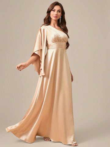 Asymmetrical Neckline Flared Hem Slit Sleeves Long Silk Satin Formal Dress