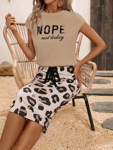 Athleisure Leopard Print Shorts & Top Two Piece Set For Women, Summer