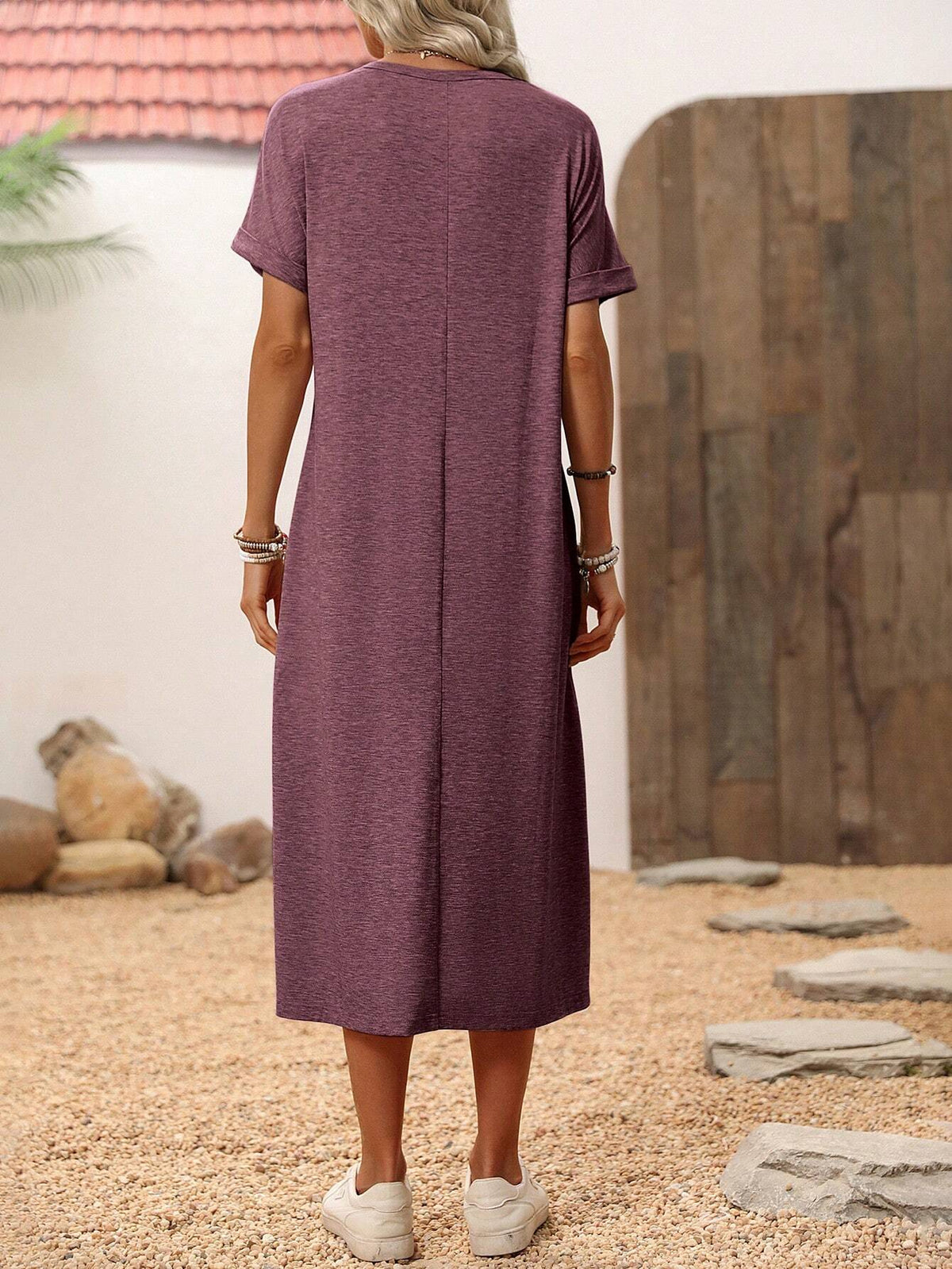 Athleisure Sport, Women's Round Neck Casual Simple Lotus Pattern High Split Basic Short Sleeve