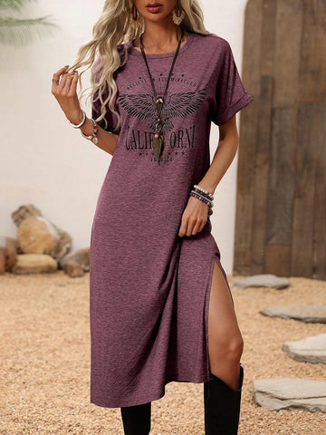 Athleisure Sport, Women's Round Neck Casual Simple Lotus Pattern High Split Basic Short Sleeve
