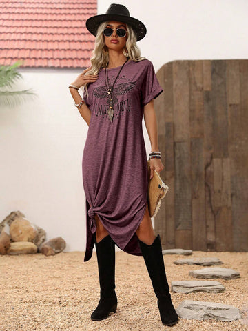 Athleisure Sport, Women's Round Neck Casual Simple Lotus Pattern High Split Basic Short Sleeve
