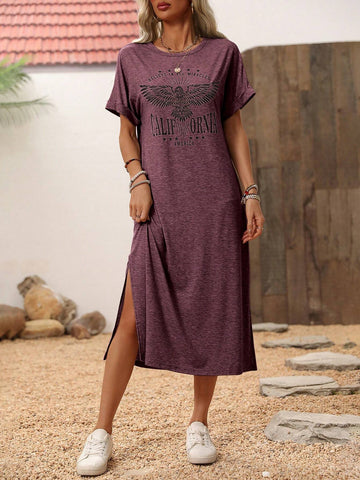 Athleisure Sport, Women's Round Neck Casual Simple Lotus Pattern High Split Basic Short Sleeve
