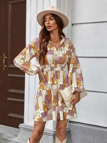 Autumn Bohemian Style Patchwork & Printed Short Dress