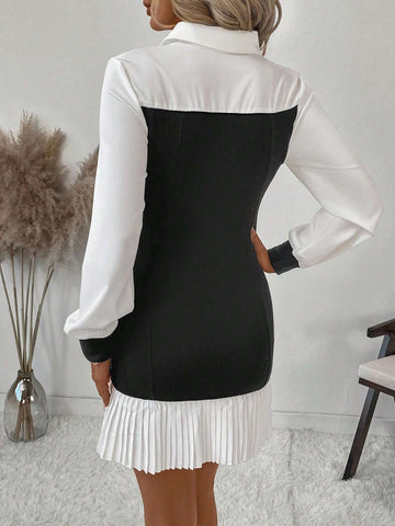 Autumn Casual Color Block Pleat Hem Midi Dress