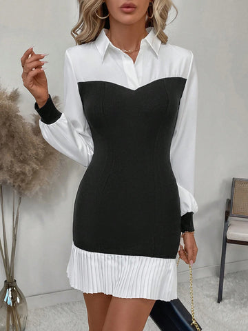 Autumn Casual Color Block Pleat Hem Midi Dress