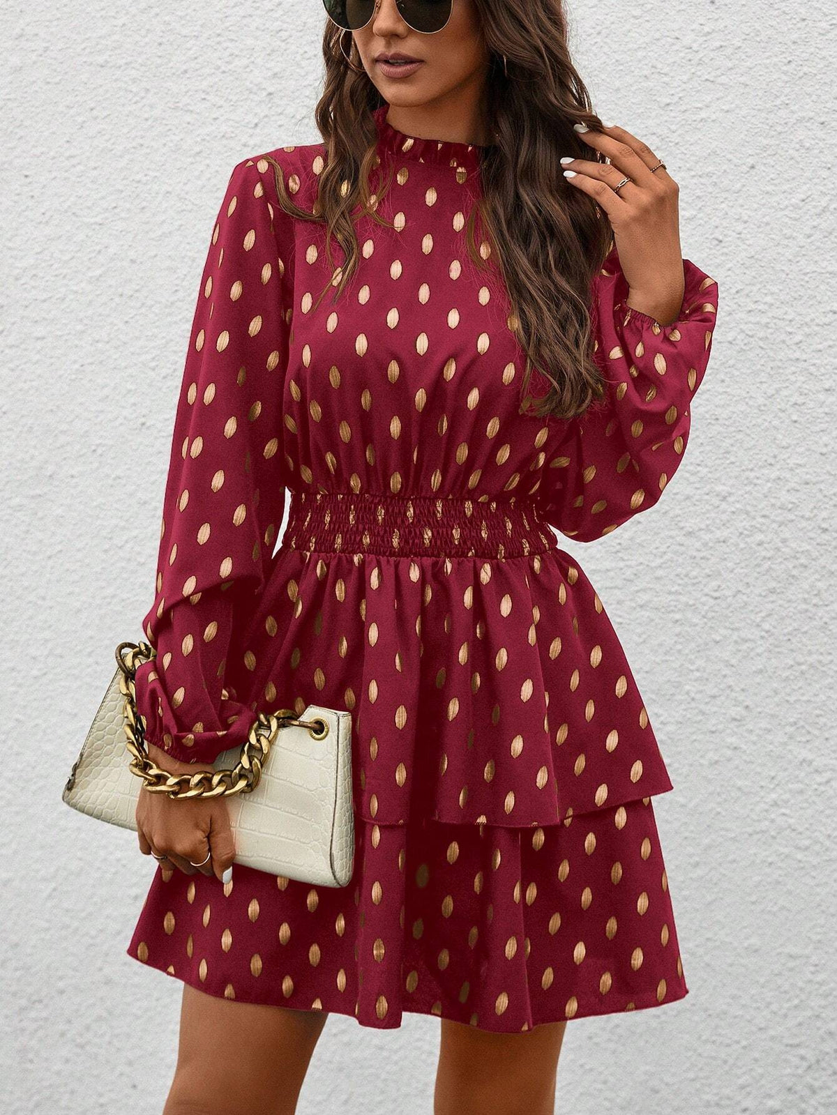 Autumn Casual Foil Dot Print Cinched Waist Dress