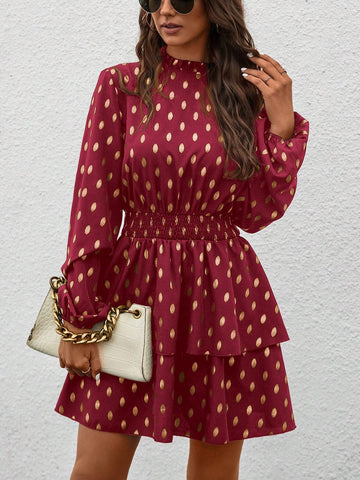Autumn Casual Foil Dot Print Cinched Waist Dress