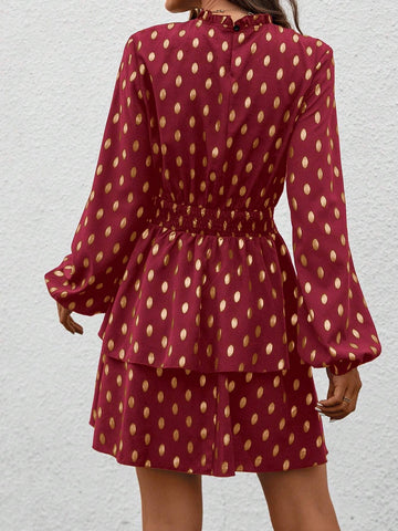 Autumn Casual Foil Dot Print Cinched Waist Dress