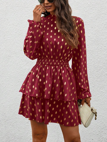 Autumn Casual Foil Dot Print Cinched Waist Dress