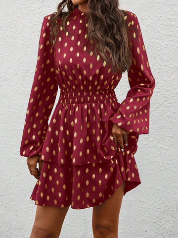 Autumn Casual Foil Dot Print Cinched Waist Dress