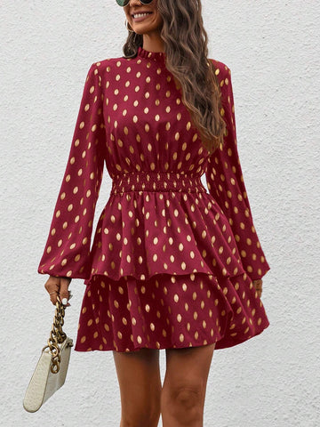 Autumn Casual Foil Dot Print Cinched Waist Dress