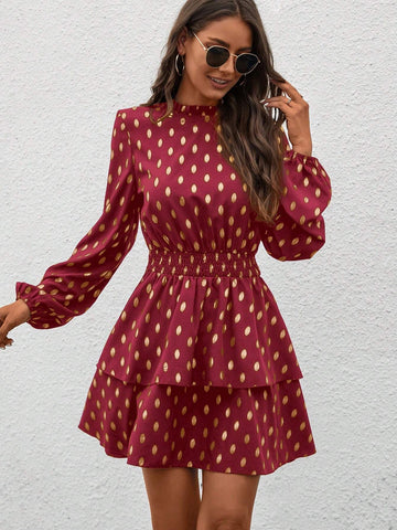 Autumn Casual Foil Dot Print Cinched Waist Dress