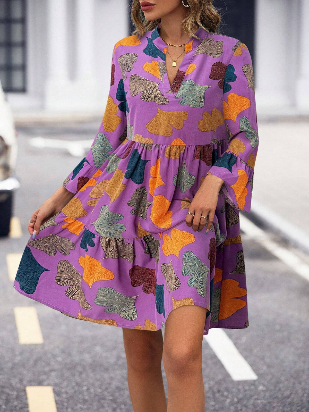 Autumn Casual Ginkgo Leaf Print Off-Shoulder Bell Sleeve Dress