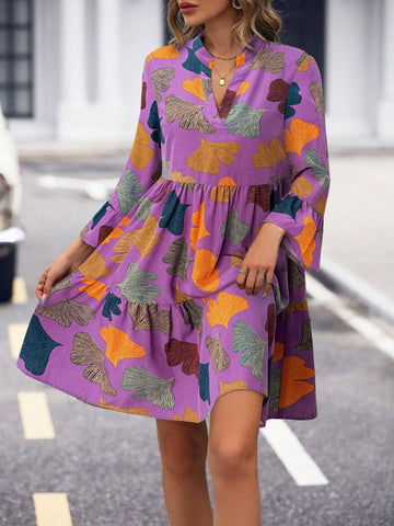 Autumn Casual Ginkgo Leaf Print Off-Shoulder Bell Sleeve Dress