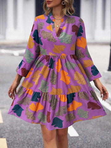 Autumn Casual Ginkgo Leaf Print Off-Shoulder Bell Sleeve Dress