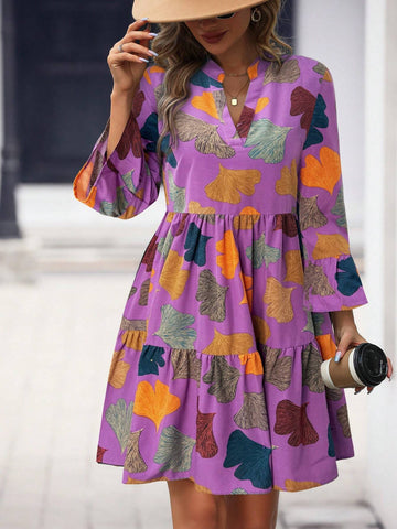 Autumn Casual Ginkgo Leaf Print Off-Shoulder Bell Sleeve Dress