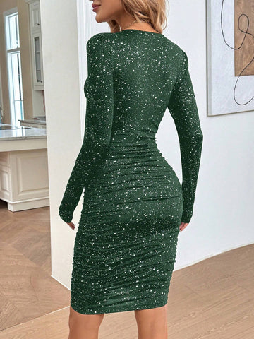 Autumn Halloween Party Glitter V-Neck Long Sleeve Mid-Length Bodycon Dress For Women