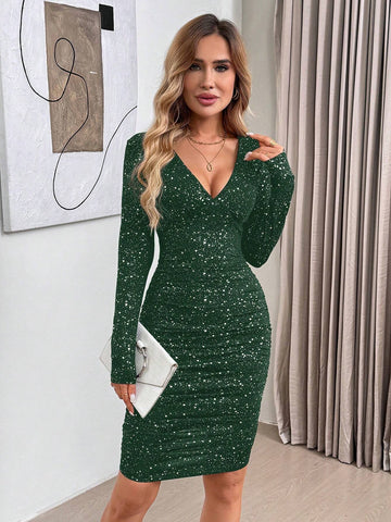 Autumn Halloween Party Glitter V-Neck Long Sleeve Mid-Length Bodycon Dress For Women