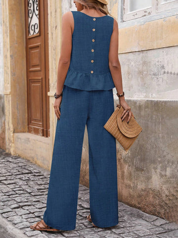 Ruffled Sleeveless Top With Texture & Button Closure And Straight Pant With Pleats & Drawstring Waist In Matching Fabric