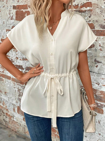 LUNE Batwing Sleeve Drawstring Waist Button Front Peplum Blouse