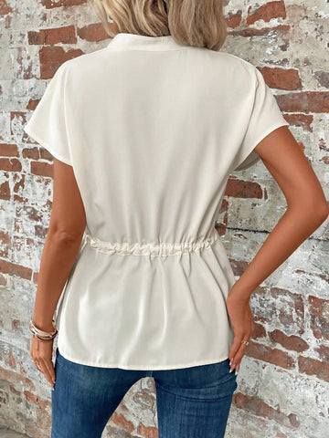 LUNE Batwing Sleeve Drawstring Waist Button Front Peplum Blouse