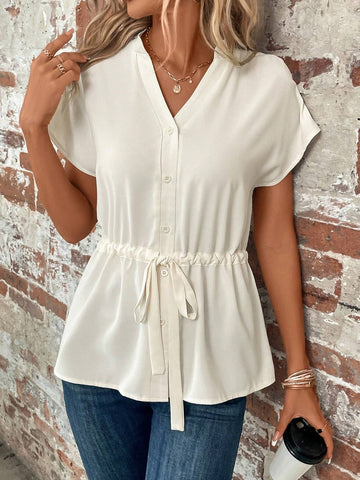 LUNE Batwing Sleeve Drawstring Waist Button Front Peplum Blouse