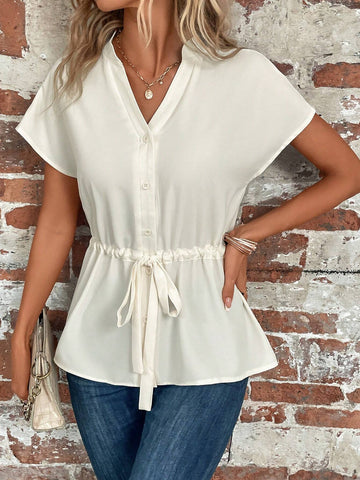LUNE Batwing Sleeve Drawstring Waist Button Front Peplum Blouse