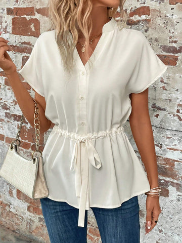 LUNE Batwing Sleeve Drawstring Waist Button Front Peplum Blouse
