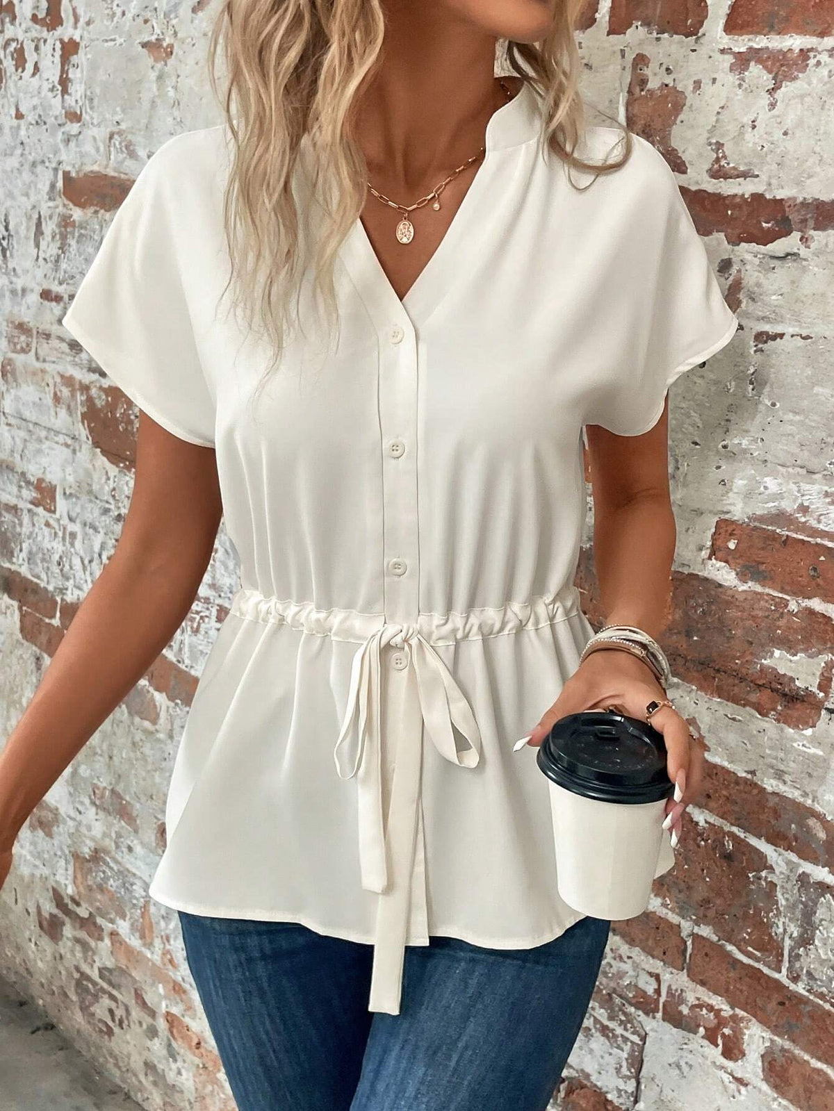 LUNE Batwing Sleeve Drawstring Waist Button Front Peplum Blouse