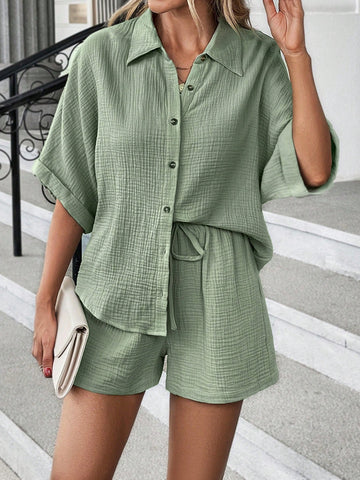 Batwing Sleeve Shirt & Drawstring Waist Shorts