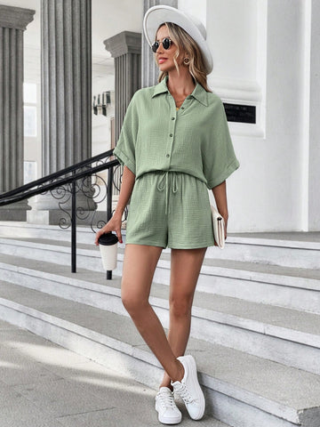 Batwing Sleeve Shirt & Drawstring Waist Shorts