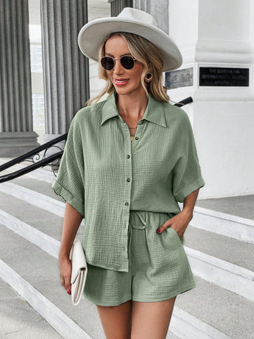 Batwing Sleeve Shirt & Drawstring Waist Shorts