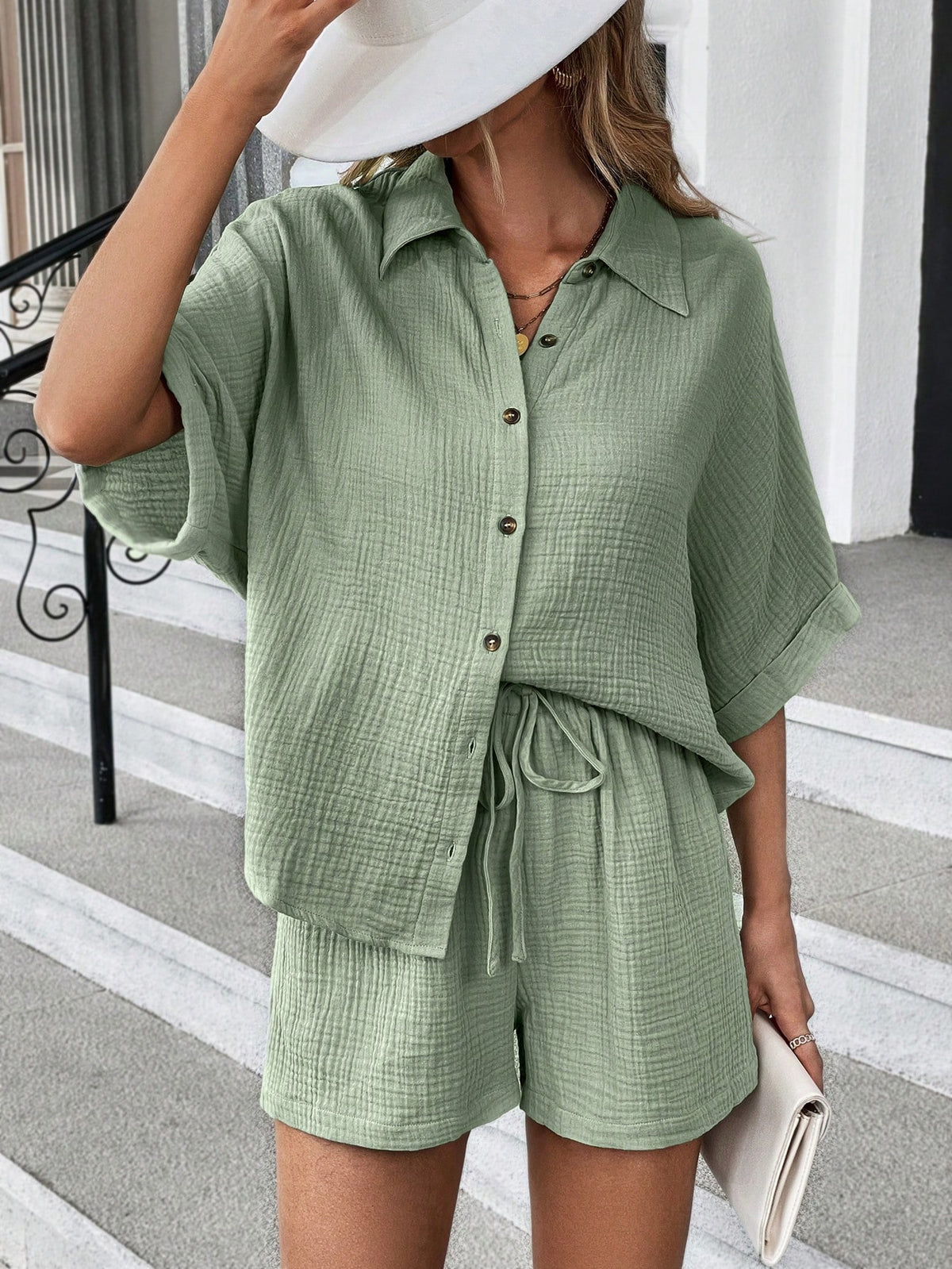 Batwing Sleeve Shirt & Drawstring Waist Shorts