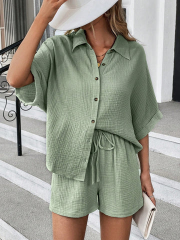 Batwing Sleeve Shirt & Drawstring Waist Shorts