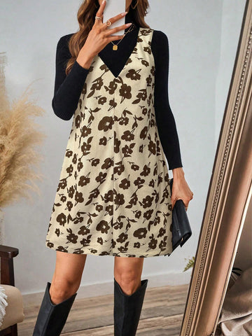 Black Graphic Print Corduroy Bib Overalls Dress For Women