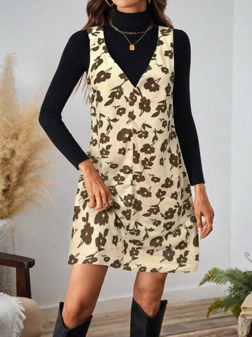 Black Graphic Print Corduroy Bib Overalls Dress For Women