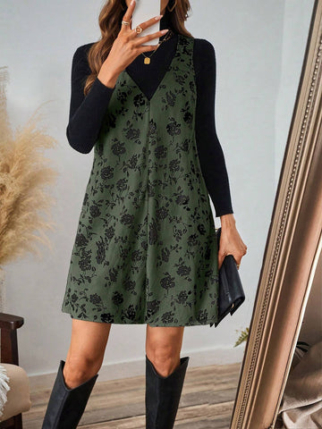 Black Printed Corduroy Women's Jumper Dress