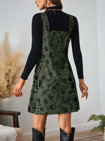 Black Printed Corduroy Women's Jumper Dress
