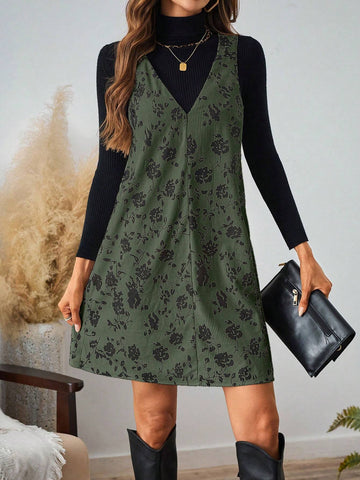Black Printed Corduroy Women's Jumper Dress