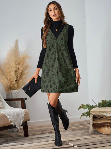 Black Printed Corduroy Women's Jumper Dress