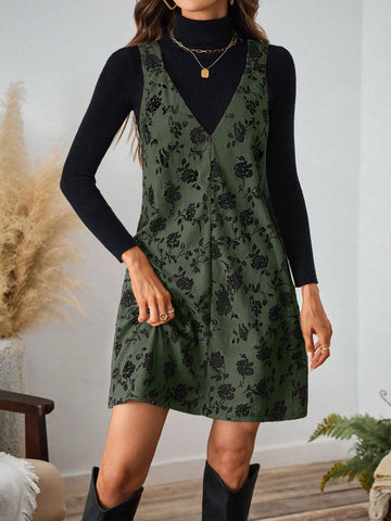 Black Printed Corduroy Women's Jumper Dress