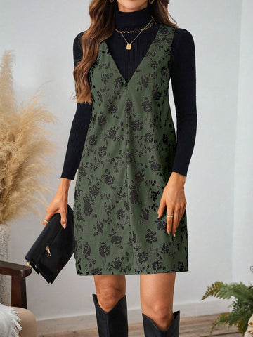 Black Printed Corduroy Women's Jumper Dress