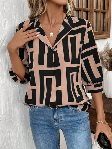 LUNE Black & White Geometric Floral Print Long Sleeve Graphic Shirt