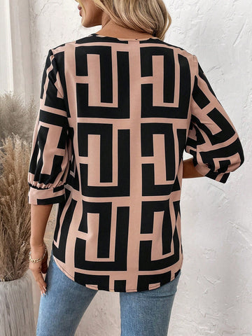 LUNE Black & White Geometric Floral Print Long Sleeve Graphic Shirt