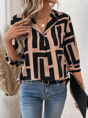 LUNE Black & White Geometric Floral Print Long Sleeve Graphic Shirt