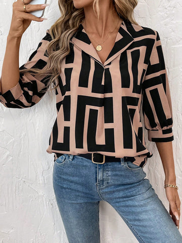 LUNE Black & White Geometric Floral Print Long Sleeve Graphic Shirt